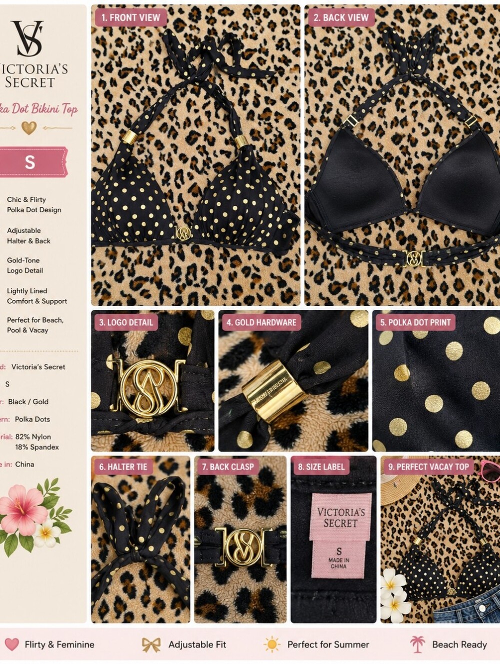 Victoria's Secret Black Bikini Top with Gold Polka Dots